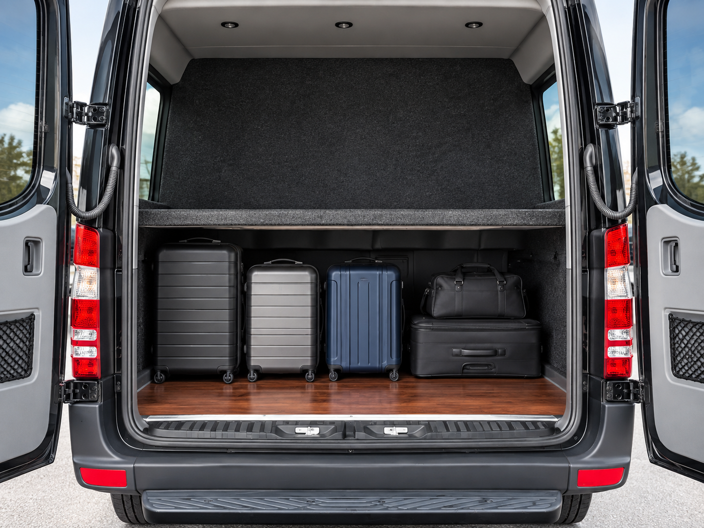 Rear luggage area of the Four Season Travel Mercedes-Benz Sprinter with five travel bags arranged beneath the storage shelf