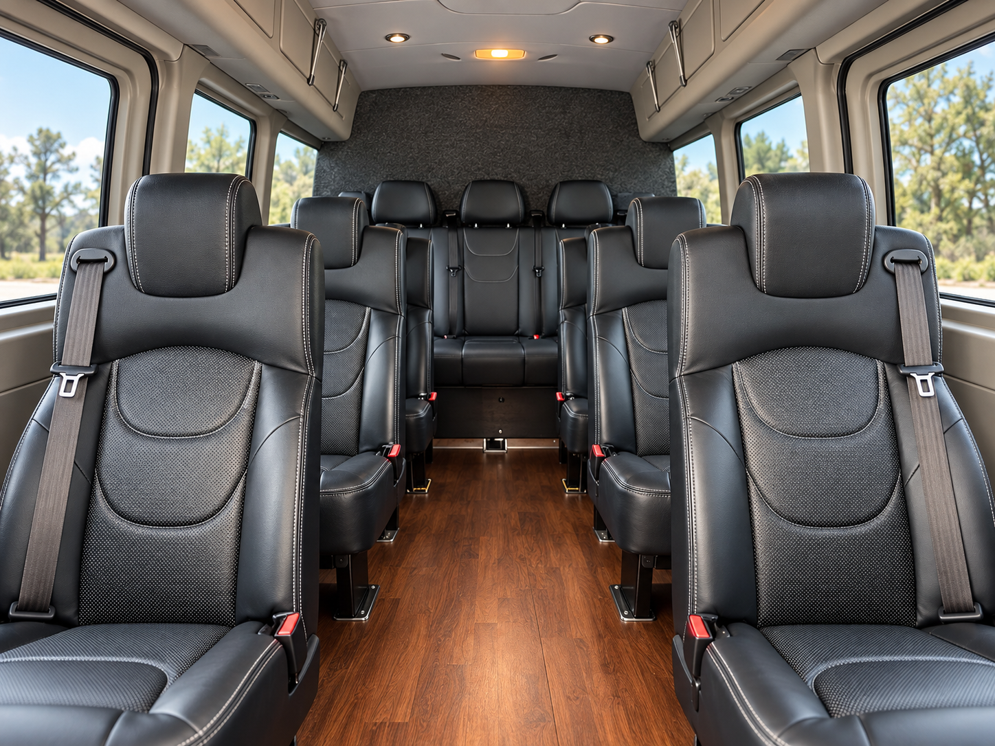 Center-aisle view inside the Four Season Travel Mercedes-Benz Sprinter with black leather seats and wood flooring