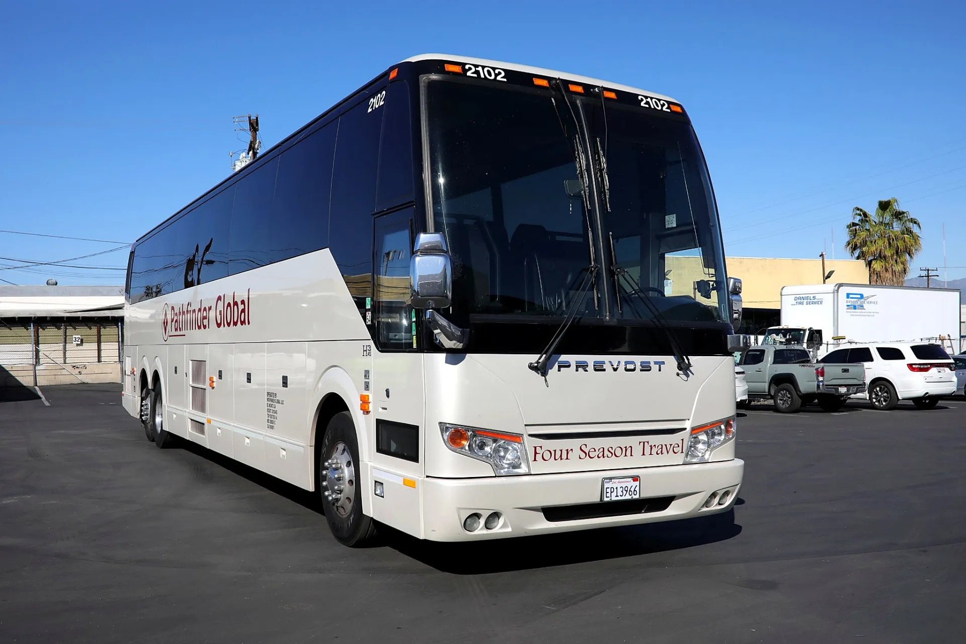 Four Season Travel motorcoach photographed in full side profile before going into service