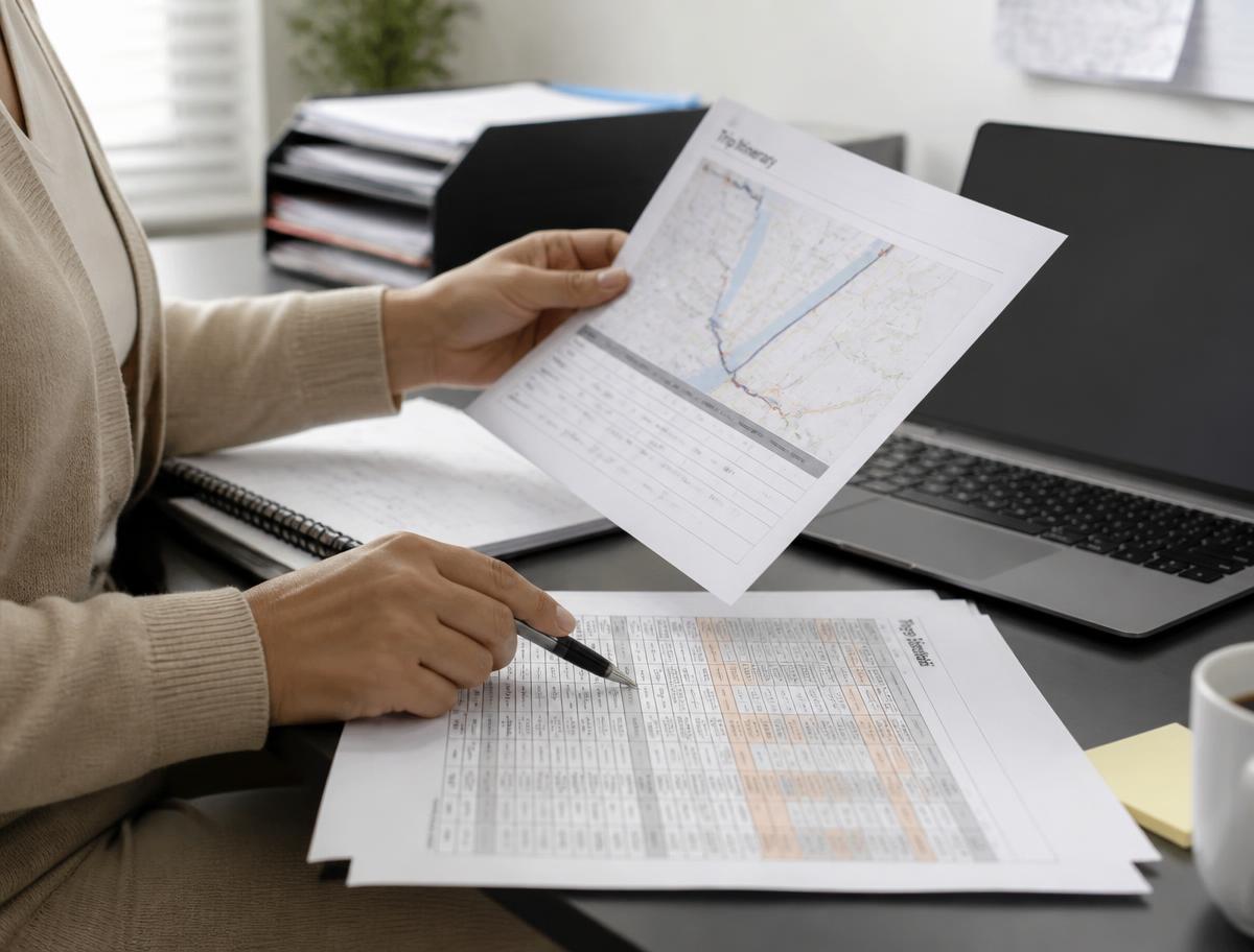 A transportation coordinator reviewing a printed trip itinerary and route schedule