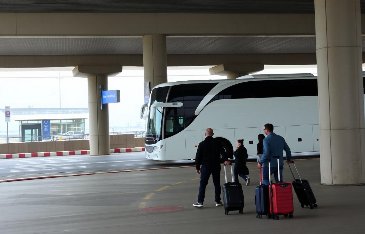 Travelers with rolling luggage walking toward an unbranded coach bus at an airport terminal curb