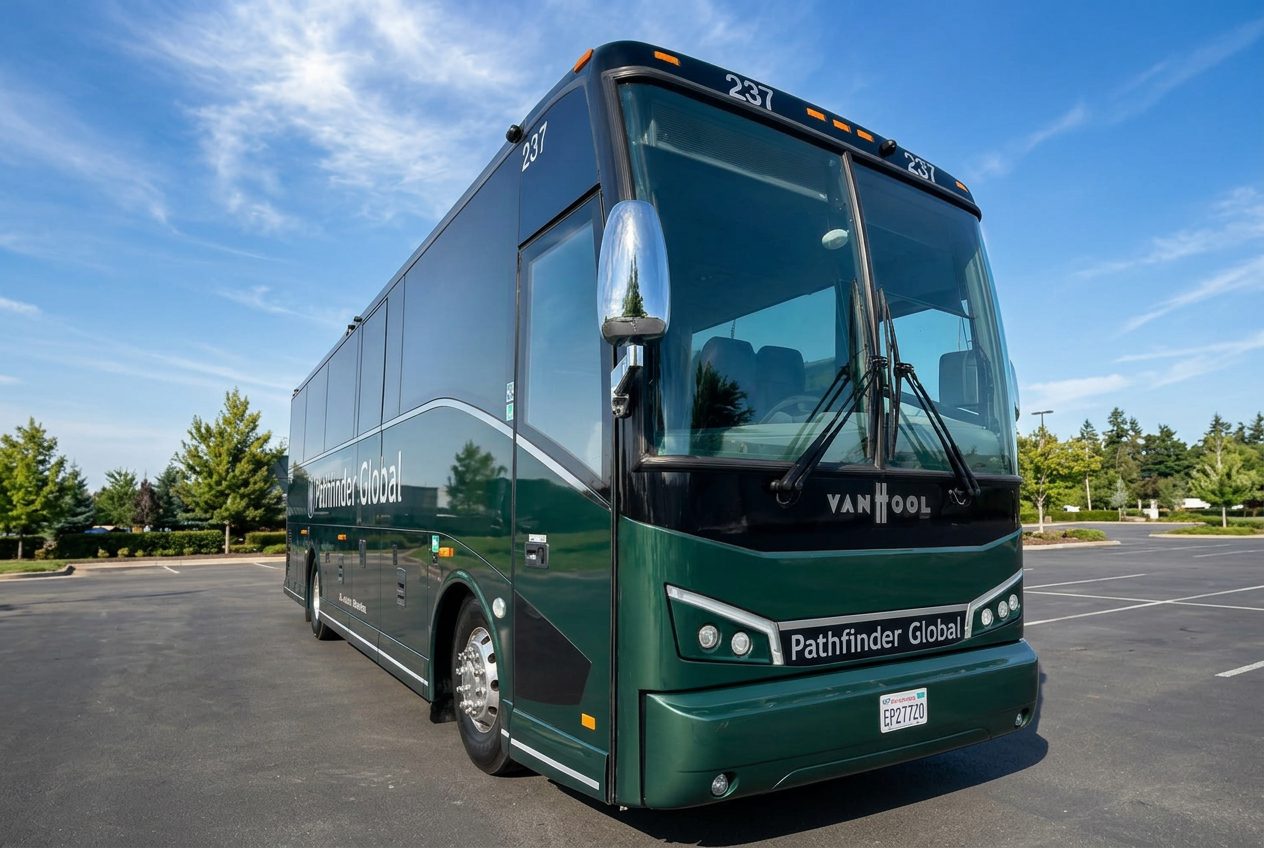 Four Season Travel Van Hool Mini Coach in dark green, front three-quarter exterior view